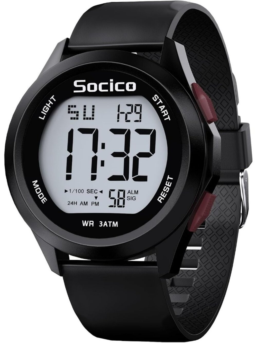 Men's Black Red Digital Waterproof LED Light Large Face Military Style  Watch